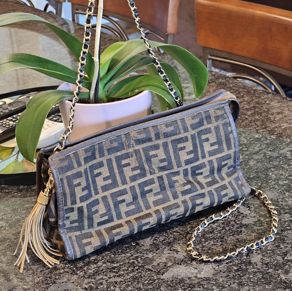 Fendi FF Zucca Canvas Baguette Clutch w Crossbody Chain, Insert, & Charms Added - Picture 12 of 14